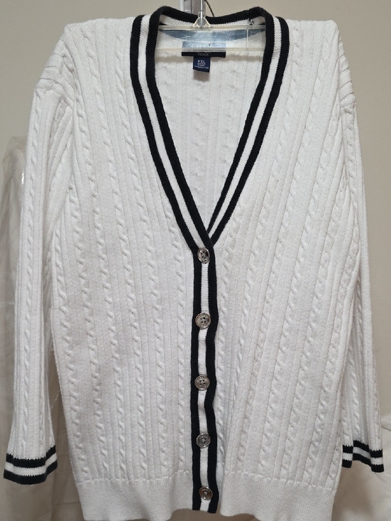 Chaps Sweaters - Classic White Cable-Knit Cardigan with Black Trim - Chaps Petite